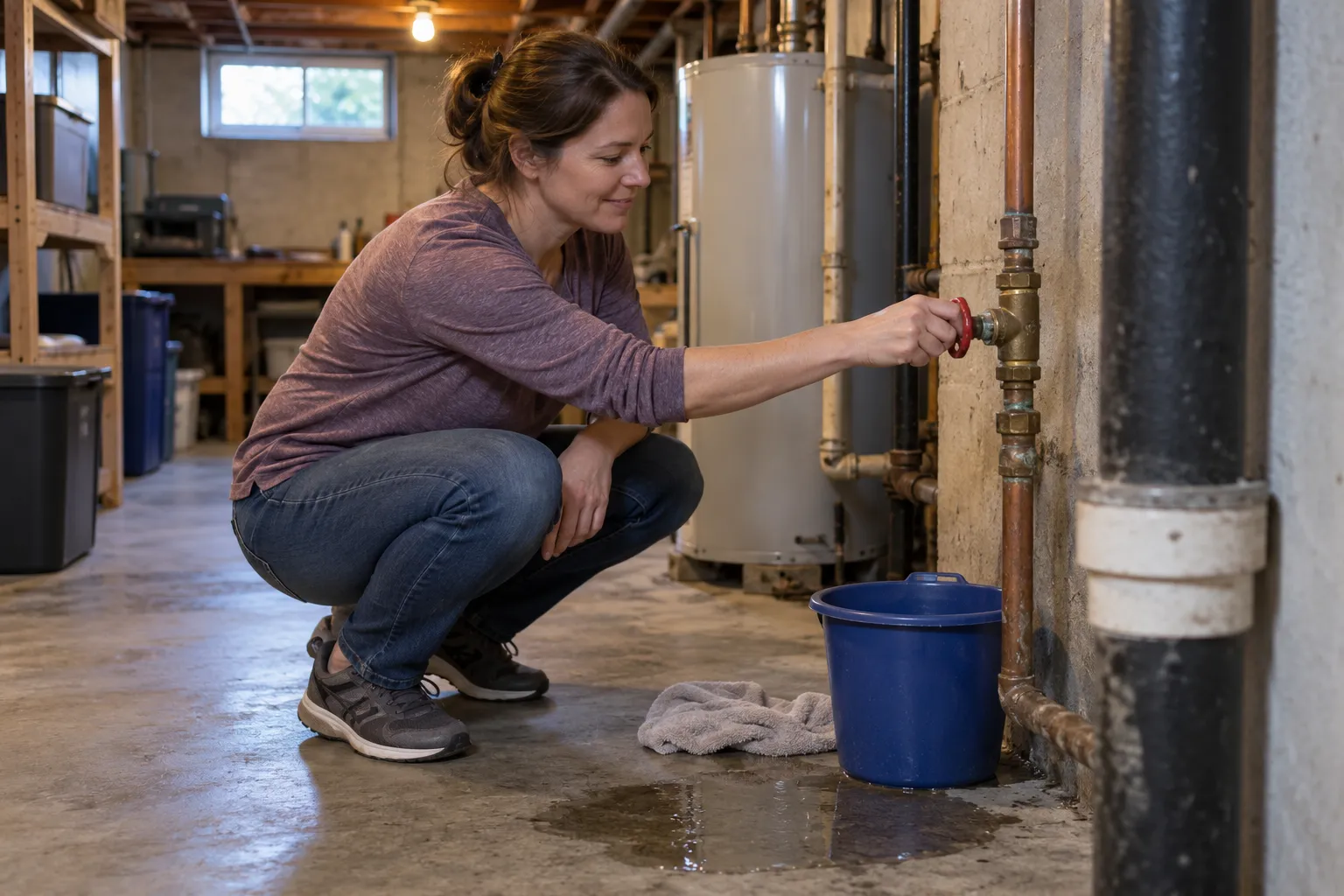 A homeowner shutting off a water valve in a Annapolis basement during a plumbing leak