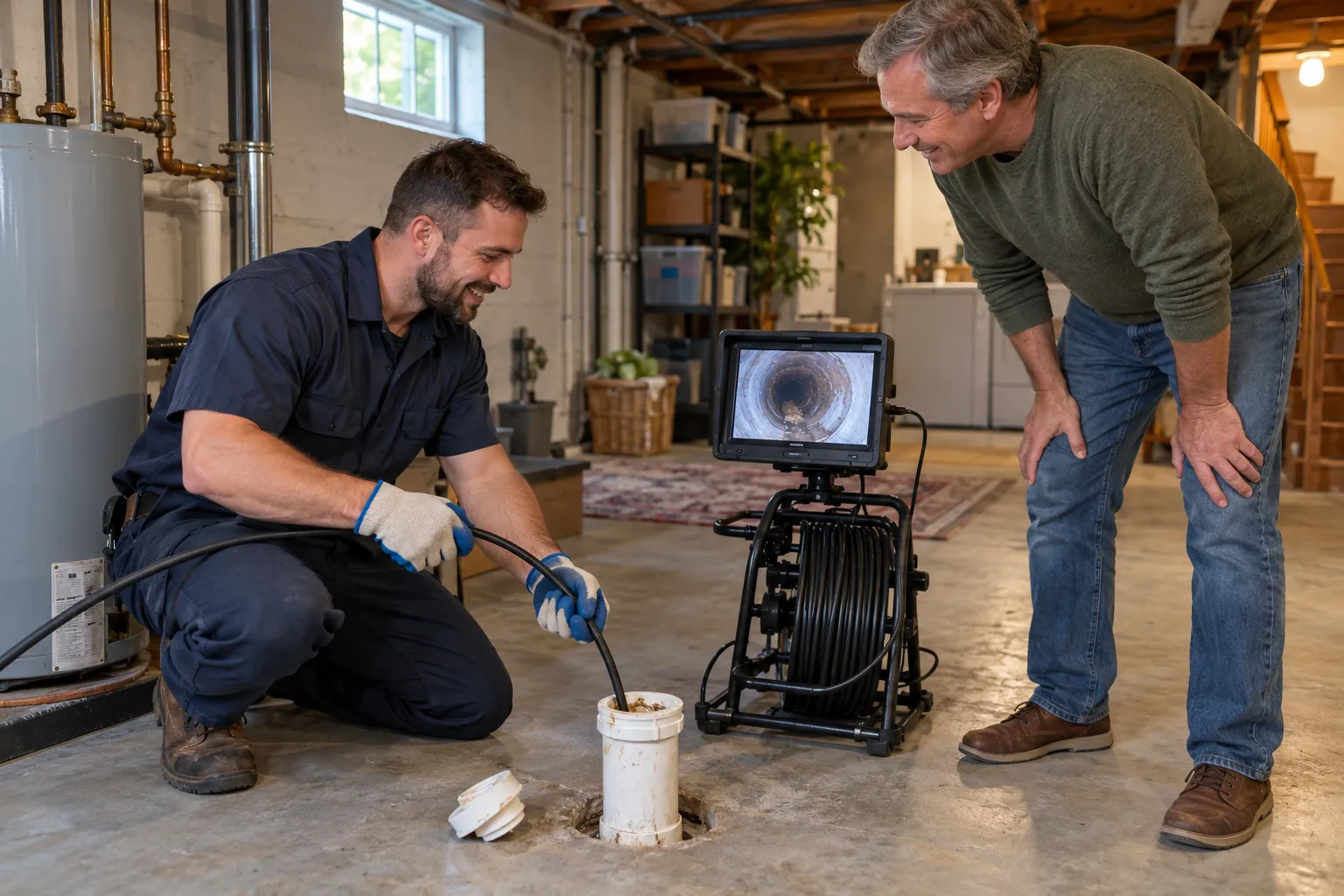 A friendly plumber inspecting a sewer cleanout in a basement of a Annapolis home